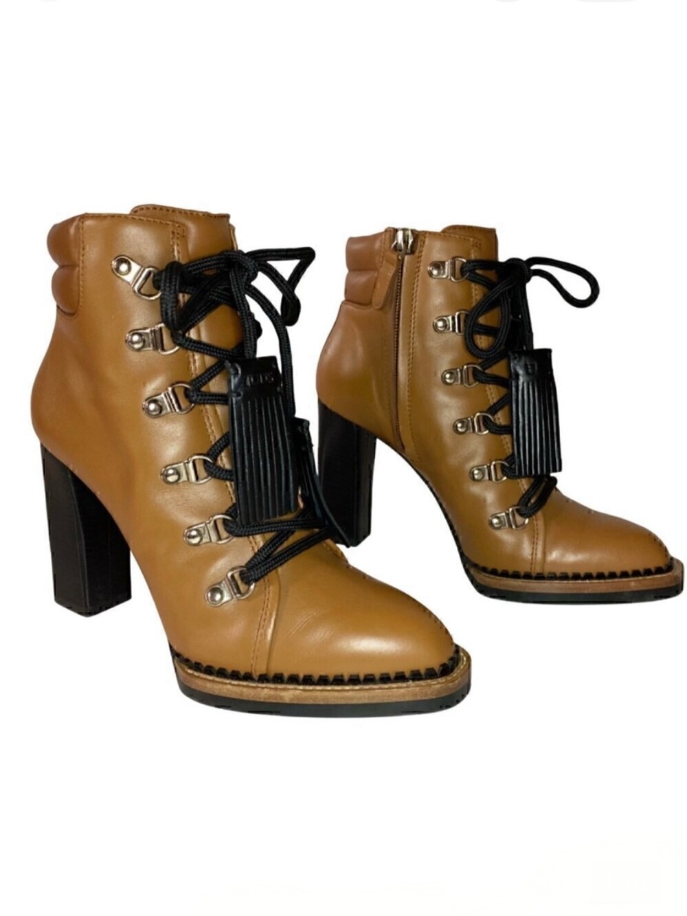 Tods Lace Up Tasseled Leather Ankle Boots 36.5 Brown Black Leather Laces 4" heel